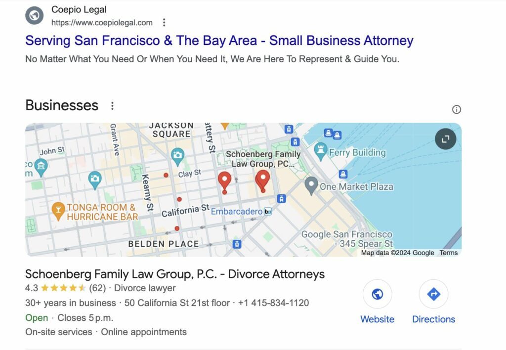 A google search result example with both a local pack listing and organic search result localized